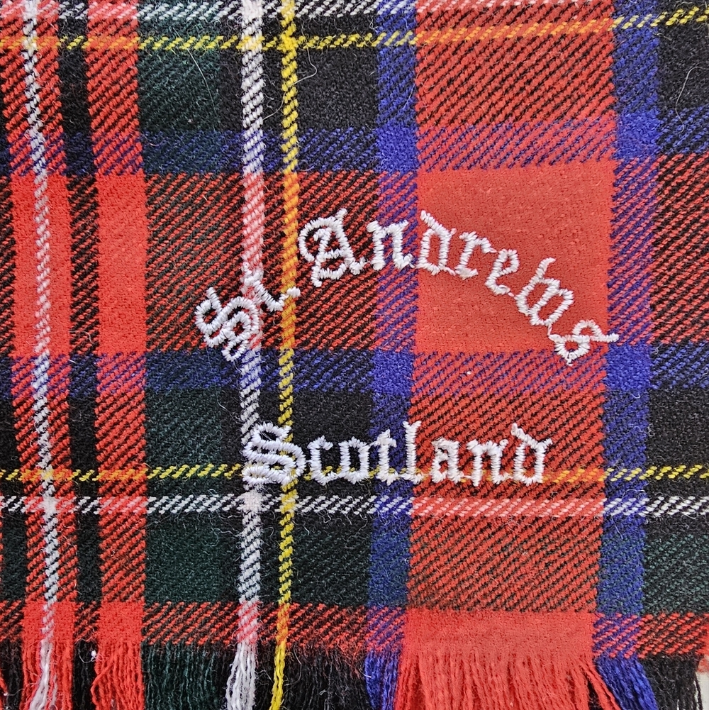 St. Andrews Scotland Red Blue Embroidered Tartan Plaid Scarf